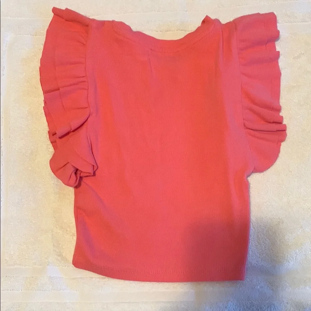 Pink Fitted Ruffle Tee with Rounded Neckline - Picture 2 of 3